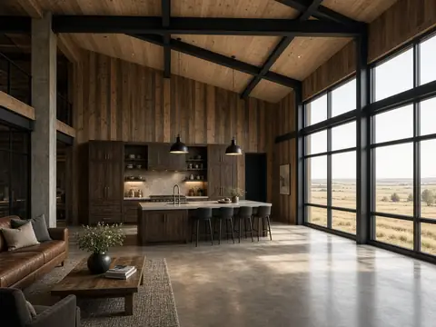 Barndominium great room with exposed steel beams and prairie views