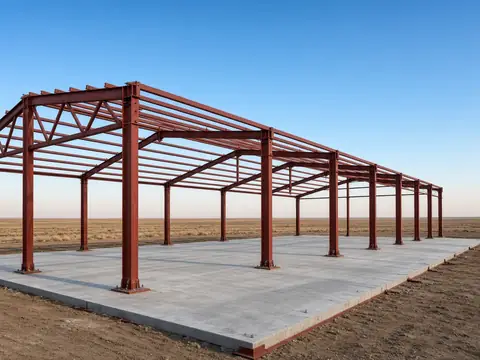 Red-iron steel building frame on a new concrete slab on the Texas plains